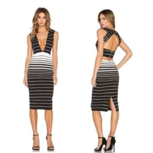 Nicholas Women’s Black & White Striped Midi Plunging V-Neck and Open Back Dress - Picture 1 of 15